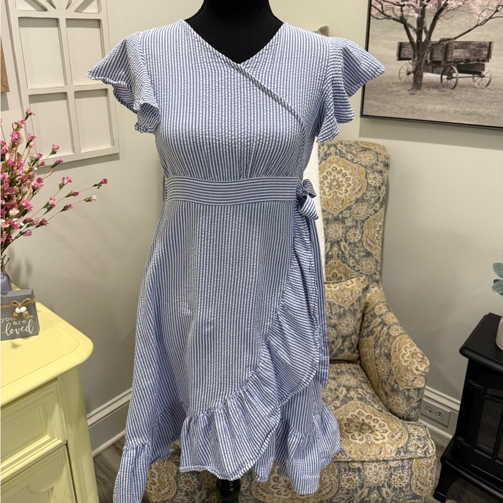 Rare Editions Blue and White Asymmetrical Dress